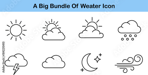 Weather icons set in outline style . Rainy, storm, snow, cloudy, sunny, windy, day, night, summer, winter, line, label and more 