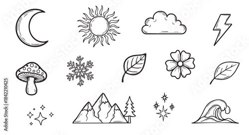 Doodle set with sun moon mushroom snowflake stars and mountains vector
