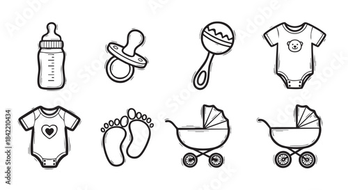 Doodle style baby essentials including bottle onesie pacifier and footprints