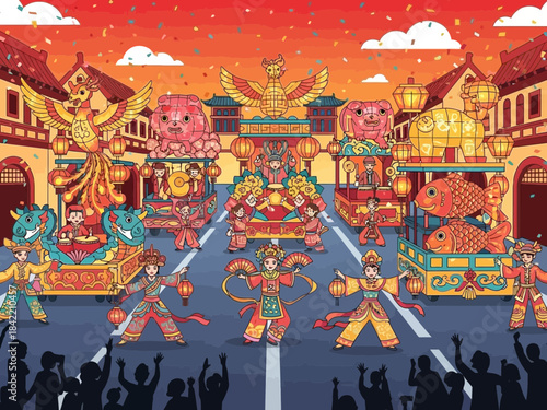 Vibrant Cultural Parade Floats Marching Down a Street at Sunset with People Watching