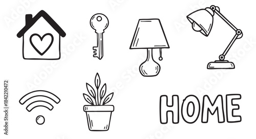 Doodle style home with heart key wifi and plant icon set