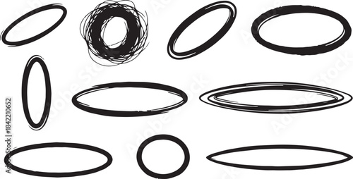 Hand-drawn scribble circles and ovals set, a vector collection of grunge frames with rough pencil or charcoal texture, isolated design elements for highlighting