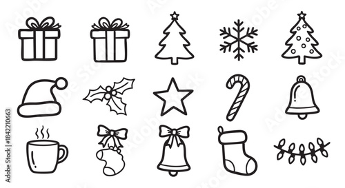 Festive Holiday Icon Set with Gifts and Christmas elements vector illustration