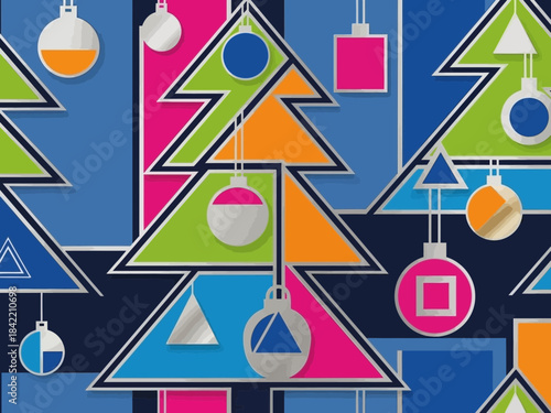 Vibrant Geometric Christmas Tree Pattern with Festive Ornaments