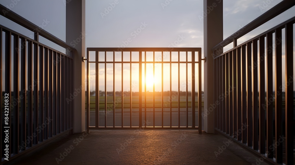 Naklejka premium Sunset seen through a metal gate with vertical bars flanked by railings on a walkway during golden hour