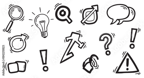 Hand drawn business doodles with light bulb magnifier exclamation point