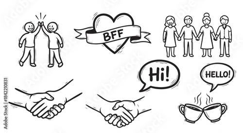 Hand drawn business concept with teamwork handshake and banner illustration