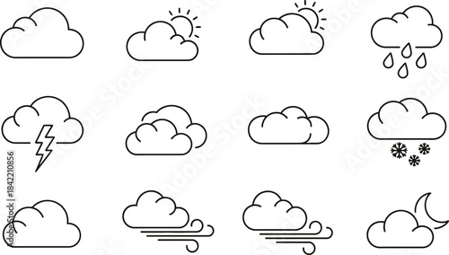 Weather icons set in outline style . Rainy, storm, snow, cloudy, sunny, windy, day, night, summer, winter, line, label and more 