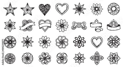 Hand drawn collection of design elements stars flowers and hearts