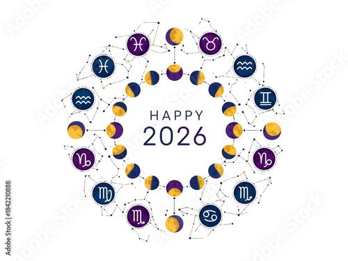 Decorative zodiac constellation circle for Happy New Year 2026