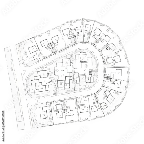 Architectural Floor Plan of a Residential Complex with Multiple Units and Common Areas.