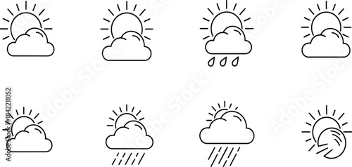 Weather icons set in outline style . Rainy, storm, snow, cloudy, sunny, windy, day, night, summer, winter, line, label and more 