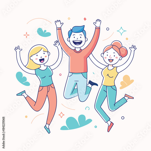 Three Diverse Friends Jumping for Joy with Abstract Shapes happiness friendship
