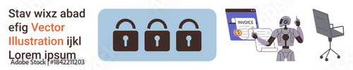 Cybersecurity, AI automation, digital services, data protection, financial management, office technology. Three padlocks, an AI robot managing an invoice an office chair. Cybersecurity and AI