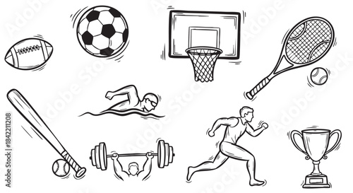 Hand drawn sports equipment icons collection on white background vector