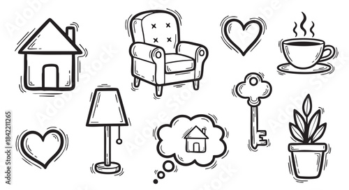 Home sweet home drawing featuring house heart lamp and sofa