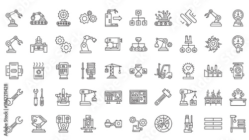 A comprehensive collection of automation and manufacturing technology line icons illustrating modern industrial processes