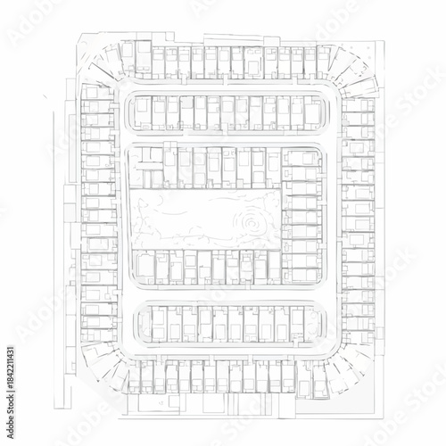 A detailed blueprint of a multi-level parking lot with organized parking spaces and driveways.