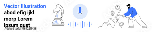 Business strategy, artificial intelligence, voice recognition, cryptocurrency, investment, mining economy. A knight chess piece, a microphone and a man mining coins. Business strategy and AI