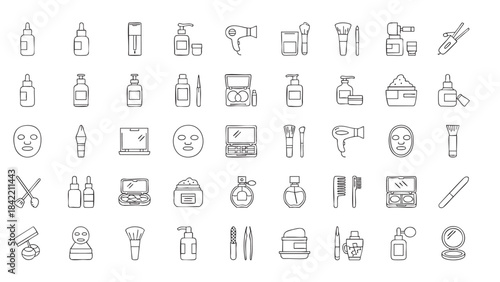 A collection of minimalist line art icons for beauty products and personal care routines in a clean vector style
