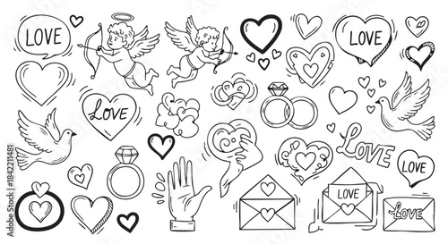 Romantic Valentines Day Doodle Elements Collection Vector Illustration Design Set