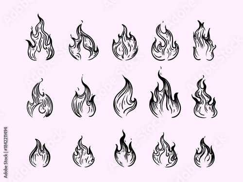 Set of fire, burning, flames icon sign and symbol drawing vector illustration isolated on white background.