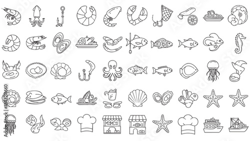 A comprehensive collection of delicate line art seafood and fishing related icons perfect for culinary and marine designs