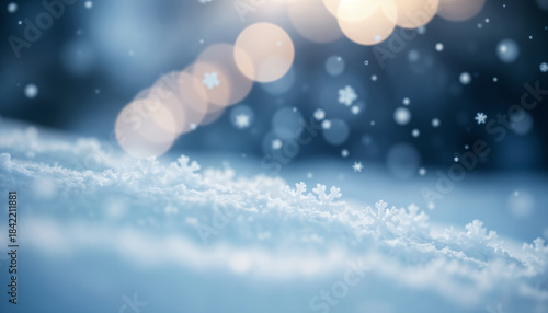 Close-Up Snowflakes with Soft Falling Snow and Winter Bokeh Background