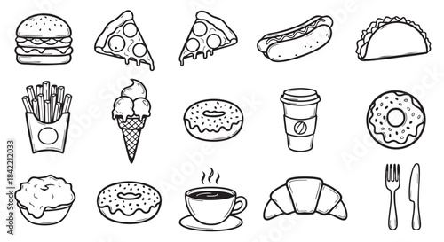 Various food doodles seamless pattern in black and white style design