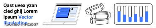 Laptop showing a dashboard, stacked coins symbolizing finance, and a bar chart highlighting results. Ideal for finance, analytics, technology, business planning, strategy, investment simple landing