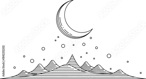 Minimalist black and white line art design featuring a crescent moon above stylized layered mountain peaks at night