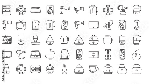 A comprehensive collection of modern household electronic appliances and kitchen gadgets presented as minimalist outline icons for various design projects