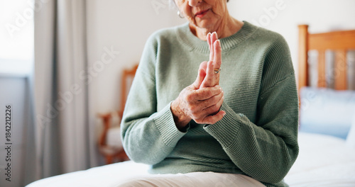 Tableau sur toile Senior woman, massage and hand pain at house from arthritis, carpal tunnel and muscle inflammation