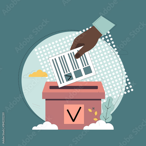 Election concept.  Hand dropping a ballot into a ballot box. Voting. Making a decision.Vector flat illustration.eps