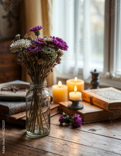 Cozy Still Life with Dried Flowers, Vintage Books, and Candlelight by the Window