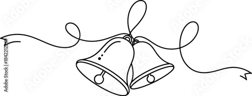 Minimalist continuous line drawing of two wedding bells tied together with a flowing celebratory ribbon banner
