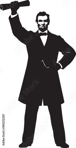 Silhouette of abraham lincoln holding a scroll aloft in a formal suit