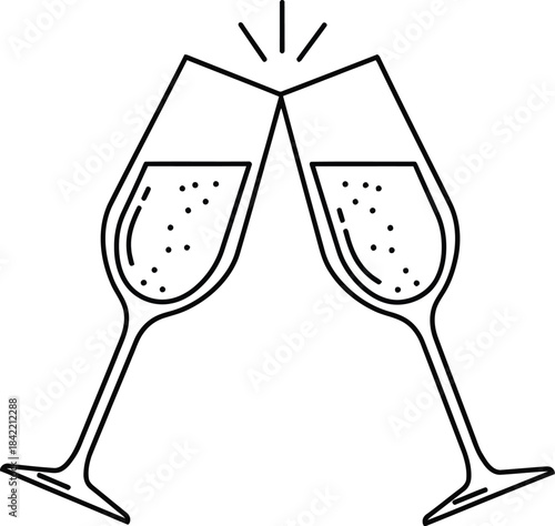Minimalist black line art icon depicting two champagne flutes clinking together in a celebratory toast