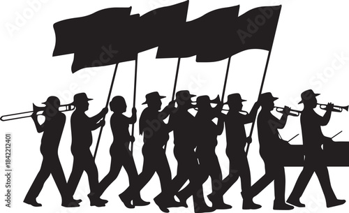 Silhouette of a marching band with flags and drums