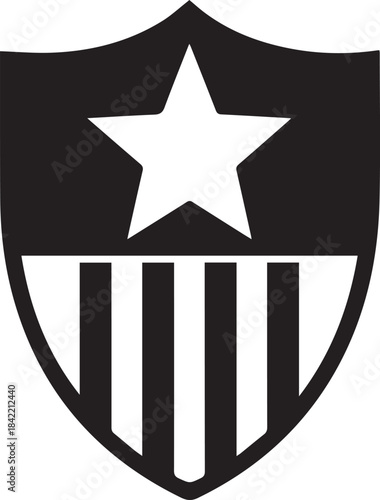 Black and white shield with a star and stripes emblem