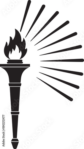 Black silhouette of a flaming torch emitting light rays on a white background