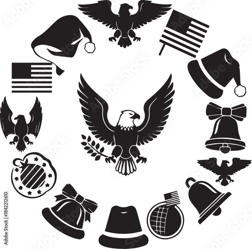 Circular arrangement of patriotic american symbols and holiday elements