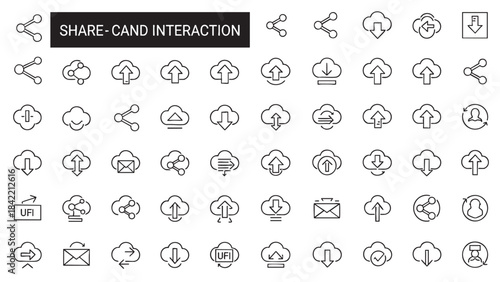 A comprehensive set of modern line vector icons illustrating cloud computing data sharing and digital interaction concepts