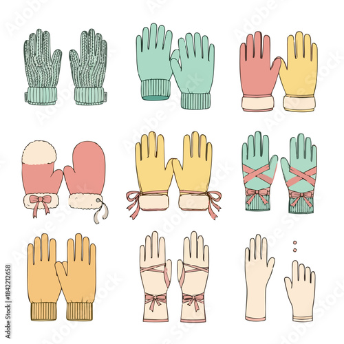 Collection of assorted winter mittens and gloves for cold weather protection, depicted in a charming hand-drawn style
