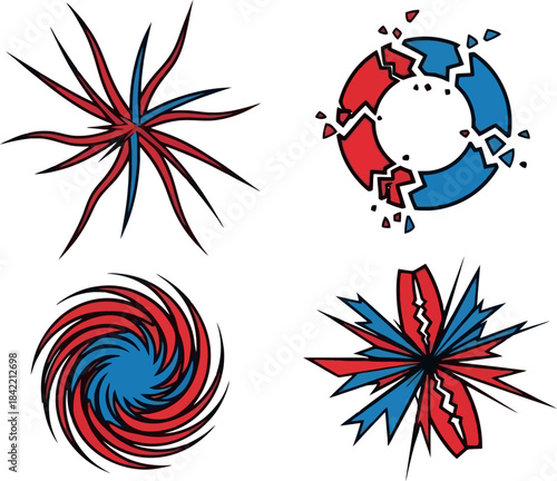 red and blue abstract explosive shapes set.