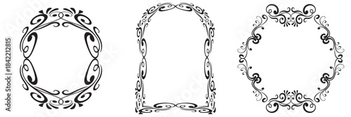 Elegant black ornamental frames set on white background.  Three decorative gold frames—circular, rectangular, and arched—designed for luxury invitations, labels, borders, and elegant graphic design. 
