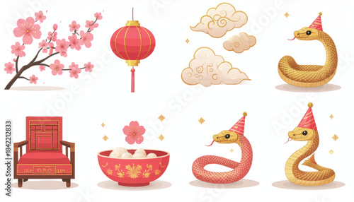 Chinese New Year Zodiac Snake Icon Set, Traditional Spring Festival Elements Vector