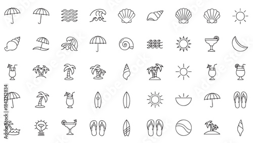 A minimalistic collection of summer beach vacation and tropical travel outline icons for various designs
