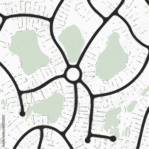 Abstract aerial view of a suburban neighborhood with curving roads and green spaces.