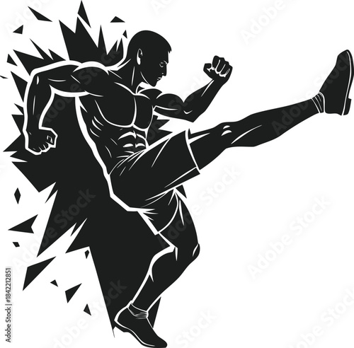 A dynamic silhouette illustration showing a muscular male performing a powerful high kick
